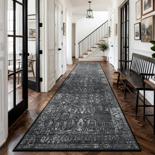 Main image of Black Vintage Carpet Runners for Hallway 12ft,Washable Long Runner Rug for Kitchen Indoor Floor Non-Slip,Distressed Super Soft Throw Carpet for Entryway Bathroom Dining Room Playroom