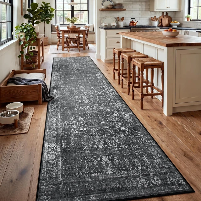 Alt view image 2 of 7 - Black Vintage Carpet Runners for Hallway 12ft,Washable Long Runner Rug for Kitchen Indoor Floor Non-Slip,Distressed Super Soft Throw Carpet for Entryway Bathroom Dining Room Playroom