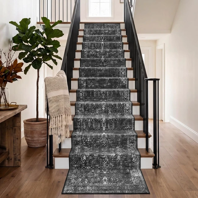 Alt view image 3 of 7 - Black Vintage Carpet Runners for Hallway 12ft,Washable Long Runner Rug for Kitchen Indoor Floor Non-Slip,Distressed Super Soft Throw Carpet for Entryway Bathroom Dining Room Playroom