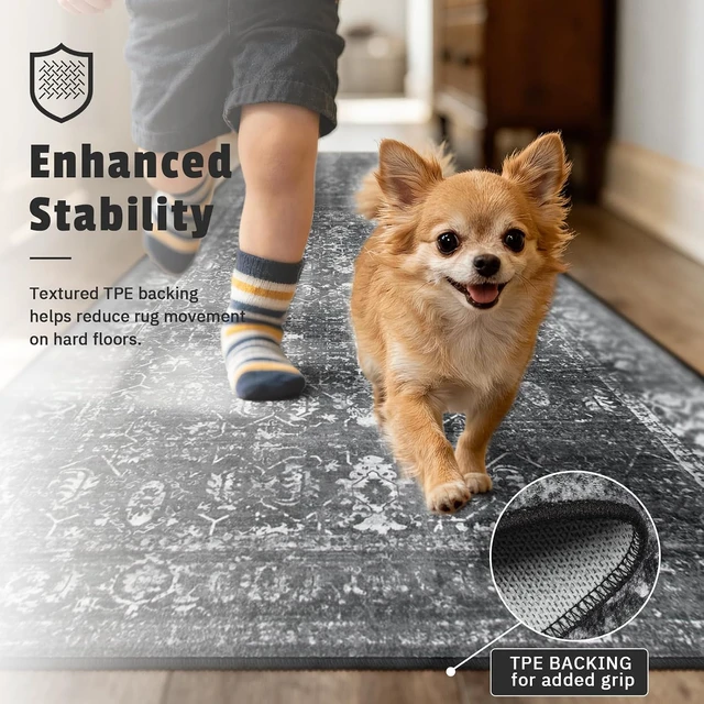 Alt view image 4 of 7 - Black Vintage Carpet Runners for Hallway 12ft,Washable Long Runner Rug for Kitchen Indoor Floor Non-Slip,Distressed Super Soft Throw Carpet for Entryway Bathroom Dining Room Playroom