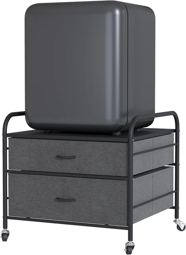 Main image of Mini Fridge Stand, 120LBS Mini Fridge Table, 2 Drawer Fridge Cart, Mini Fridge Stand with Storage, Metal Frame Iron Top, 4 Swivel Wheels for Home Kitchen, Black