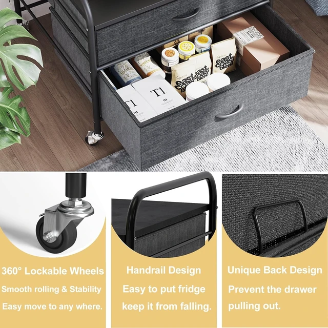 Alt view image 4 of 7 - Mini Fridge Stand, 120LBS Mini Fridge Table, 2 Drawer Fridge Cart, Mini Fridge Stand with Storage, Metal Frame Iron Top, 4 Swivel Wheels for Home Kitchen, Black