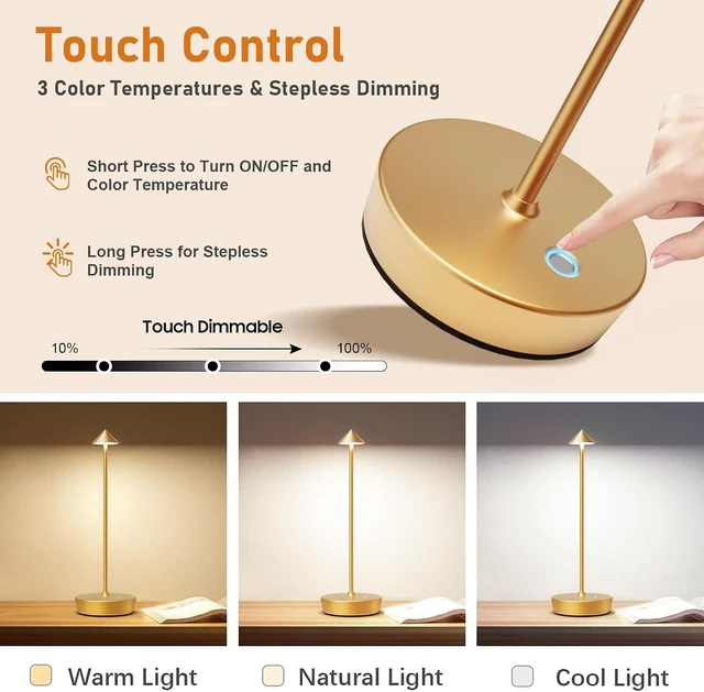 Alt view image 4 of 7 - Set of 2 Cordless Rechargeable Led Table Lamp Battery Operated Light Gold