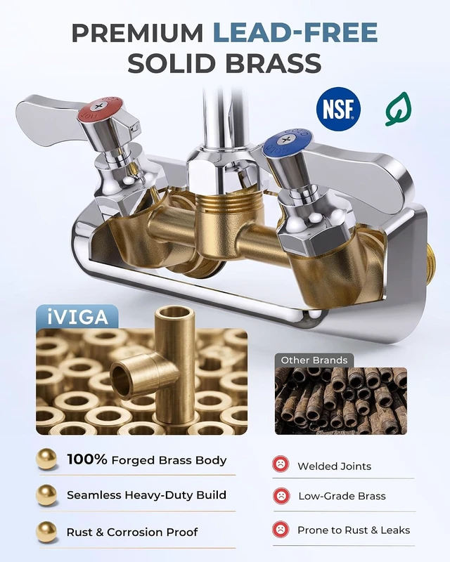 Alt view image 3 of 7 - Commercial Hand Sink Faucet 4" Center Wall Mount Faucets Solid Brass Chrome