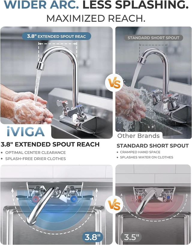 Alt view image 6 of 7 - Commercial Hand Sink Faucet 4" Center Wall Mount Faucets Solid Brass Chrome