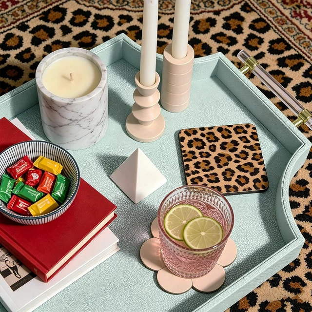 Alt view image 2 of 7 - 22.6'' × 13'' Coffee Table Tray Shagreen Scalloped Decorative Ottoman Tray
