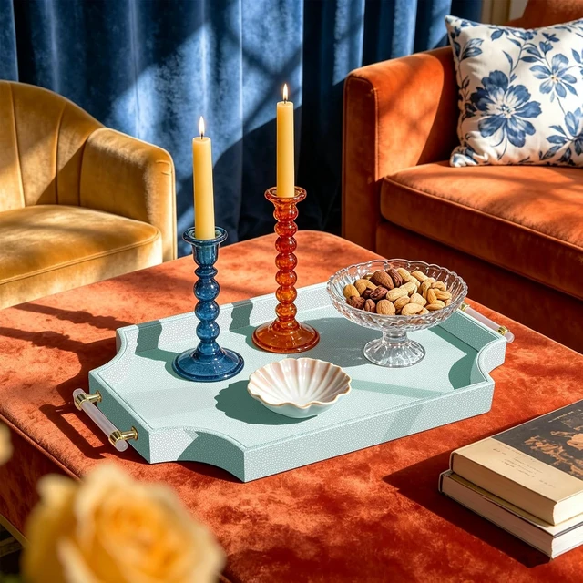 Alt view image 3 of 7 - 22.6'' × 13'' Coffee Table Tray Shagreen Scalloped Decorative Ottoman Tray