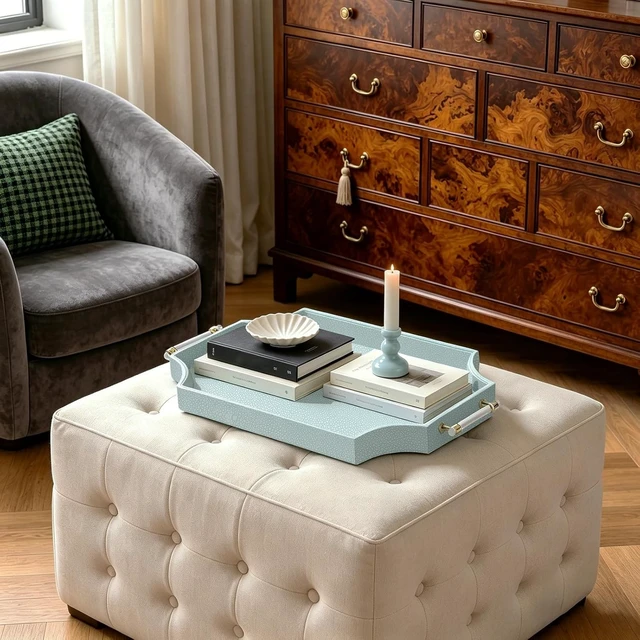 Alt view image 7 of 7 - 22.6'' × 13'' Coffee Table Tray Shagreen Scalloped Decorative Ottoman Tray