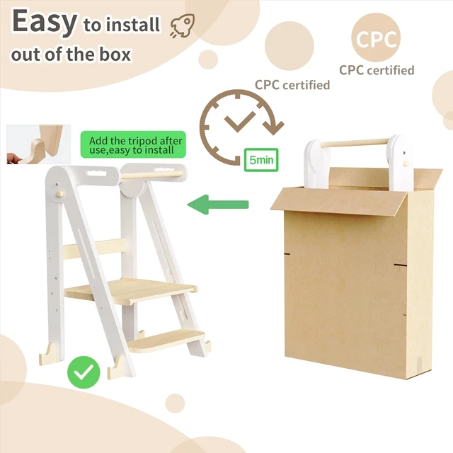 Alt view image 2 of 7 - Foldable Toddler Tower,Kids Kitchen Step Stool,Height Adjustable,White Wood
