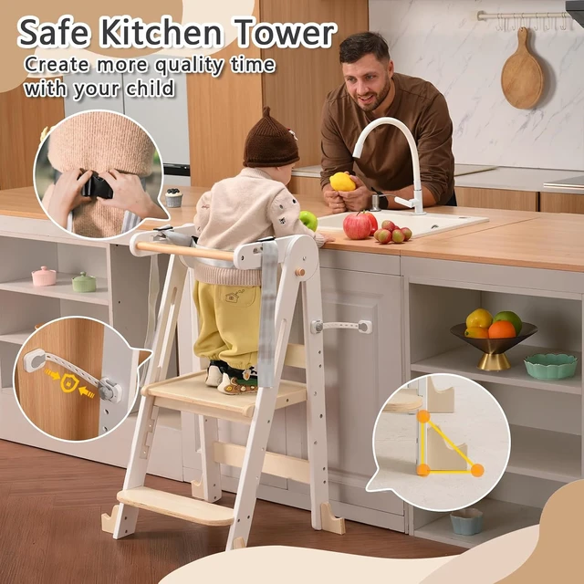 Alt view image 3 of 7 - Foldable Toddler Tower,Kids Kitchen Step Stool,Height Adjustable,White Wood