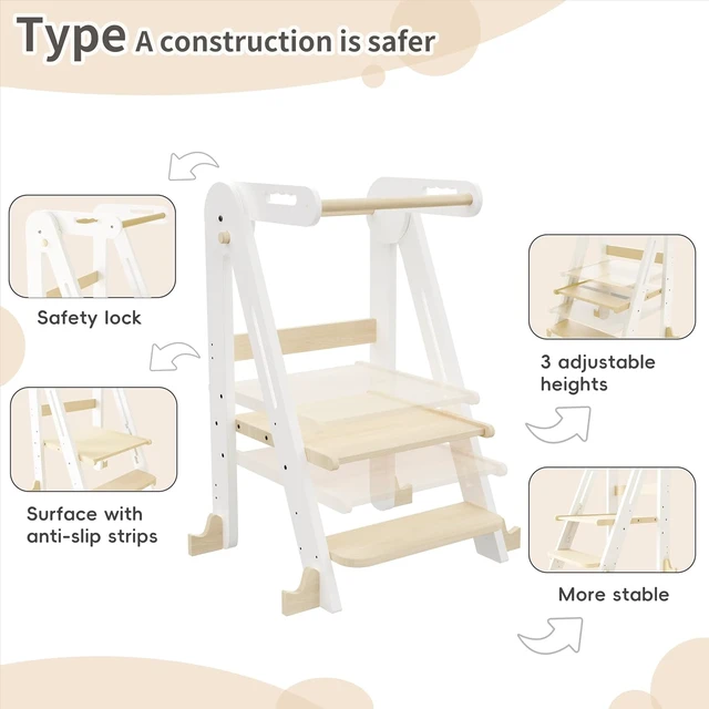 Alt view image 4 of 7 - Foldable Toddler Tower,Kids Kitchen Step Stool,Height Adjustable,White Wood
