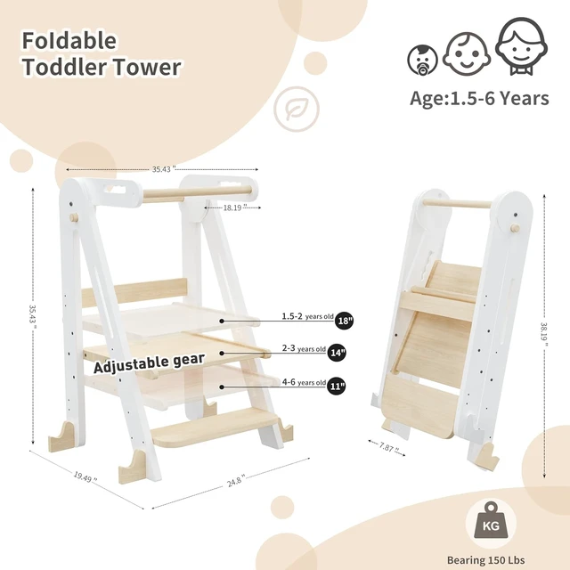 Alt view image 5 of 7 - Foldable Toddler Tower,Kids Kitchen Step Stool,Height Adjustable,White Wood