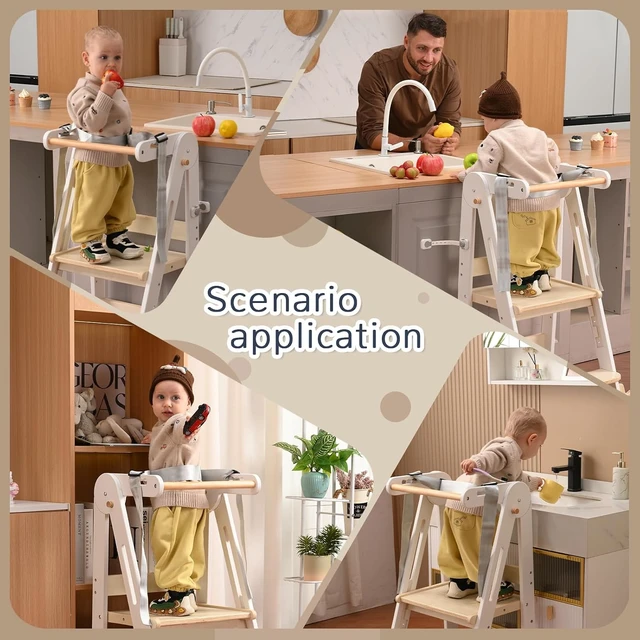 Alt view image 7 of 7 - Foldable Toddler Tower,Kids Kitchen Step Stool,Height Adjustable,White Wood