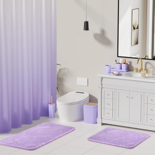 Alt view image 2 of 7 - Bathroom Accessory SetBathroom Sets with Shower Curtain and Rugs, Non Slip Bathroom Rugs Super Absorbent, Light Purple Ombre Shower Curtain with Hooks, Lavender Bathroom Sets Complete for Home