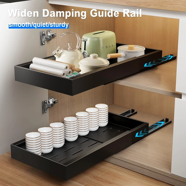 Alt view image 2 of 6 - 2 Pack Pull Out Cabinet Organizer,21.8" Deep Slide Out Drawer for Cabinets Adhesive Pull Out Drawers Heavy Duty Pull Out Shelves for Kitchen,Cupboard,Pantry,Bathroom-Black