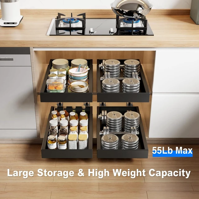 Alt view image 3 of 6 - 2 Pack Pull Out Cabinet Organizer,21.8" Deep Slide Out Drawer for Cabinets Adhesive Pull Out Drawers Heavy Duty Pull Out Shelves for Kitchen,Cupboard,Pantry,Bathroom-Black
