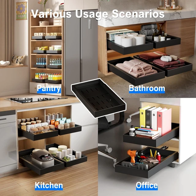 Alt view image 5 of 6 - 2 Pack Pull Out Cabinet Organizer,21.8" Deep Slide Out Drawer for Cabinets Adhesive Pull Out Drawers Heavy Duty Pull Out Shelves for Kitchen,Cupboard,Pantry,Bathroom-Black