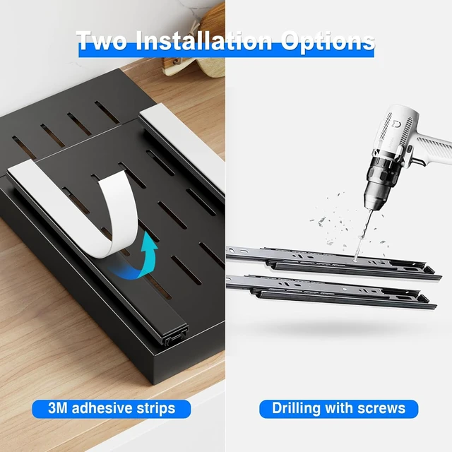 Alt view image 4 of 6 - 2 Pack Pull Out Cabinet Organizer,21.8" Deep Slide Out Drawer for Cabinets Adhesive Pull Out Drawers Heavy Duty Pull Out Shelves for Kitchen,Cupboard,Pantry,Bathroom-Black