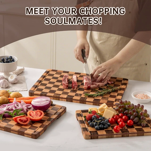 Alt view image 6 of 7 - Checkered Cutting Board Set, Walnut Wood Cutting Boards for Kitchen