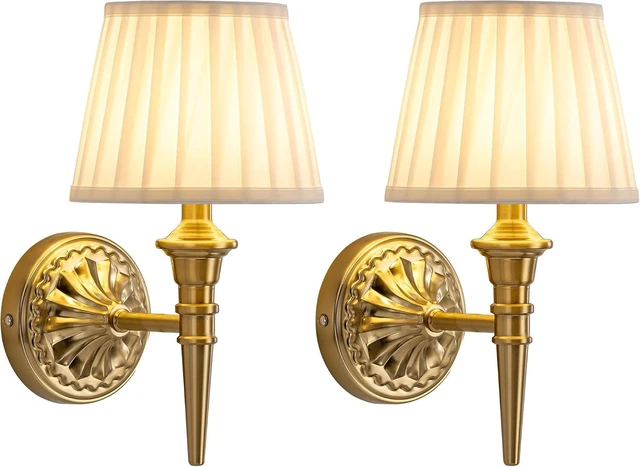 Main image of Cordless Gold Wall Sconces Set of 2, Beige Fabric Lampshde Wall Lamps