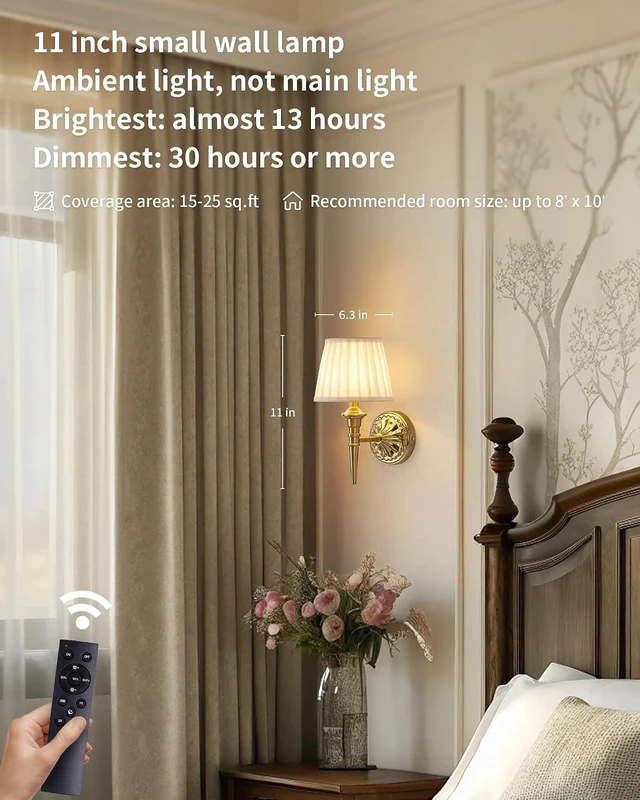 Alt view image 2 of 7 - Cordless Gold Wall Sconces Set of 2, Beige Fabric Lampshde Wall Lamps