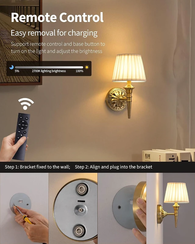 Alt view image 4 of 7 - Cordless Gold Wall Sconces Set of 2, Beige Fabric Lampshde Wall Lamps