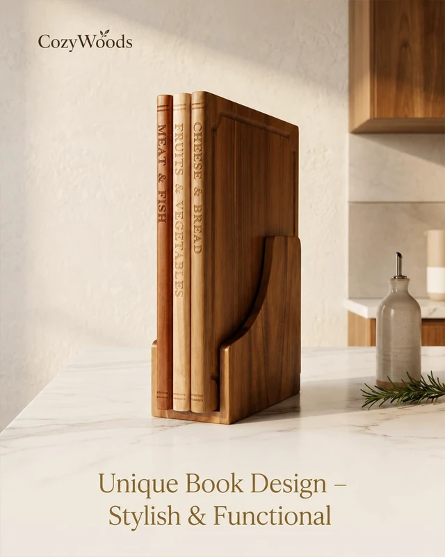 Alt view image 2 of 7 - Book Cutting Board Set with Stand,3-Piece Real Hardwood Kitchen Boards