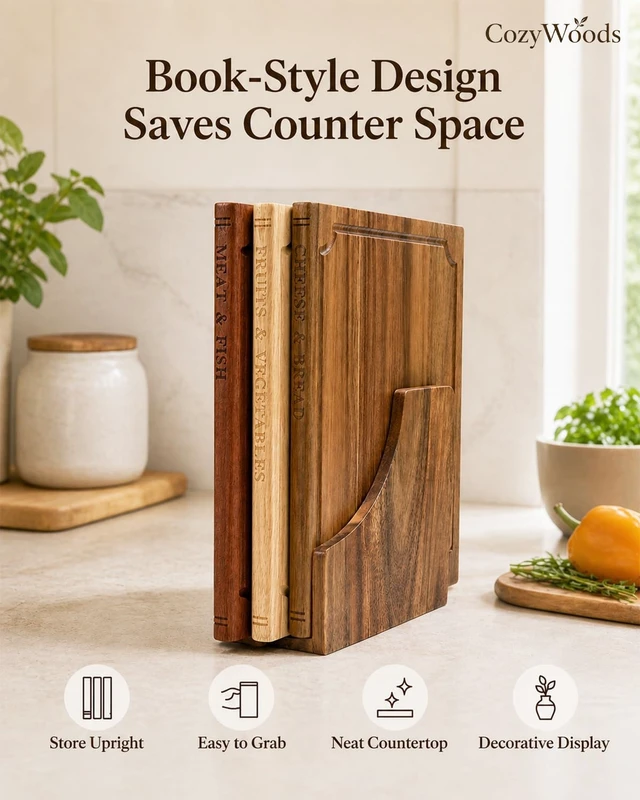 Alt view image 3 of 7 - Book Cutting Board Set with Stand,3-Piece Real Hardwood Kitchen Boards