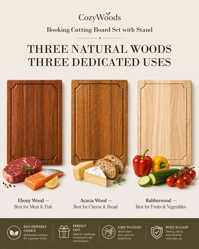 Alt view image 4 of 7 - Book Cutting Board Set with Stand,3-Piece Real Hardwood Kitchen Boards