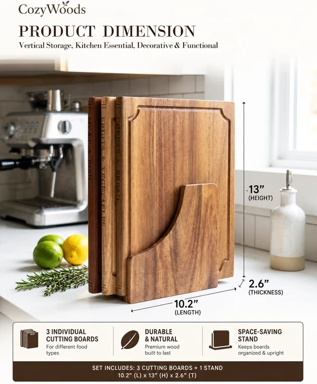 Alt view image 6 of 7 - Book Cutting Board Set with Stand,3-Piece Real Hardwood Kitchen Boards