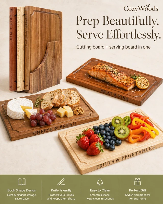 Alt view image 7 of 7 - Book Cutting Board Set with Stand,3-Piece Real Hardwood Kitchen Boards