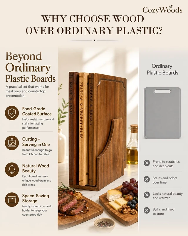 Alt view image 5 of 7 - Book Cutting Board Set with Stand,3-Piece Real Hardwood Kitchen Boards