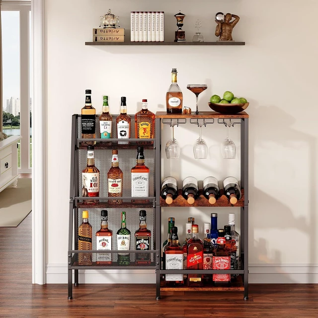 Main image of Versatile Liquor Stand for Home Bar, Wine Rack Freestanding Floor, Mini Bar Table for Liquor Whiskey Wine, 3-Tier Trapezoidal Liquor Bottle Display Shelf with Glass Holder and Fences(Patent Pending)