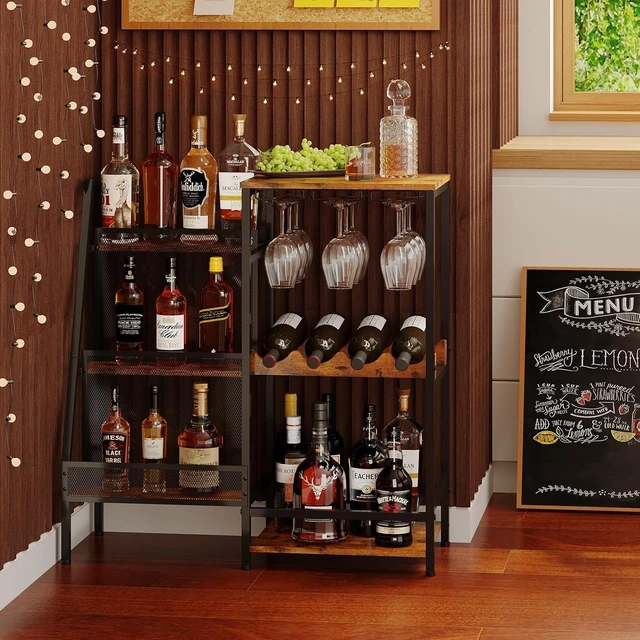 Alt view image 3 of 7 - Versatile Liquor Stand for Home Bar, Wine Rack Freestanding Floor, Mini Bar Table for Liquor Whiskey Wine, 3-Tier Trapezoidal Liquor Bottle Display Shelf with Glass Holder and Fences(Patent Pending)