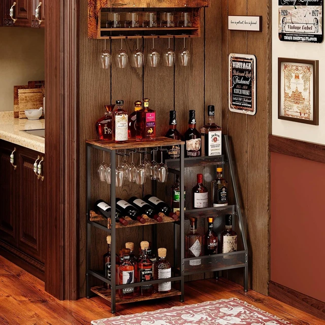 Alt view image 4 of 7 - Versatile Liquor Stand for Home Bar, Wine Rack Freestanding Floor, Mini Bar Table for Liquor Whiskey Wine, 3-Tier Trapezoidal Liquor Bottle Display Shelf with Glass Holder and Fences(Patent Pending)