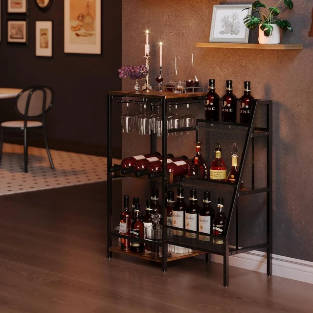 Alt view image 5 of 7 - Versatile Liquor Stand for Home Bar, Wine Rack Freestanding Floor, Mini Bar Table for Liquor Whiskey Wine, 3-Tier Trapezoidal Liquor Bottle Display Shelf with Glass Holder and Fences(Patent Pending)