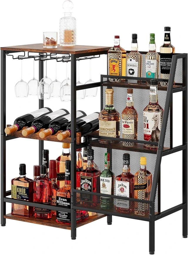 Alt view image 7 of 7 - Versatile Liquor Stand for Home Bar, Wine Rack Freestanding Floor, Mini Bar Table for Liquor Whiskey Wine, 3-Tier Trapezoidal Liquor Bottle Display Shelf with Glass Holder and Fences(Patent Pending)