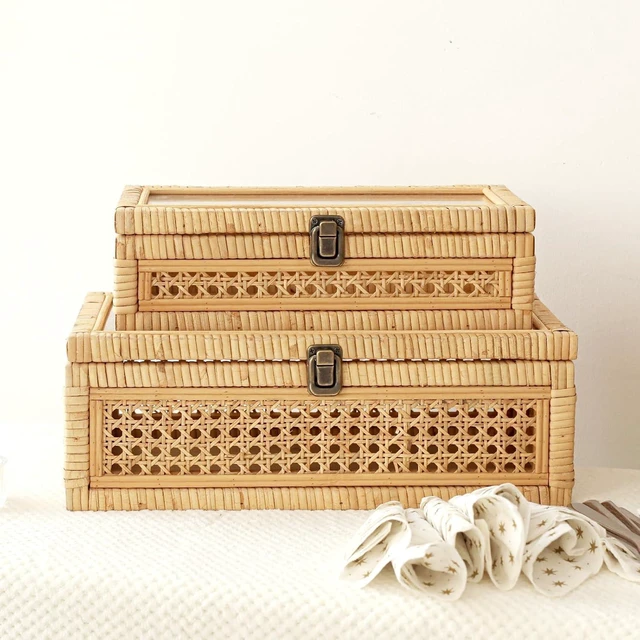 Main image of Rattan and Cane Stacking Boxes with Glass Top Lid - Set of 2 for Boho, and Rustic Farmhouse Decor