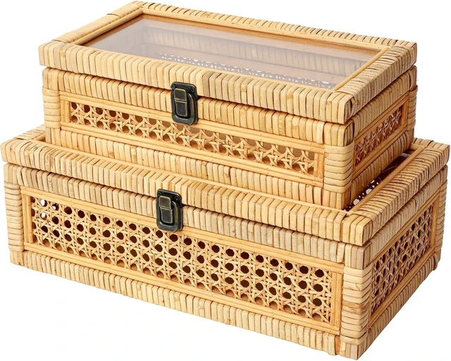 Alt view image 2 of 6 - Rattan and Cane Stacking Boxes with Glass Top Lid - Set of 2 for Boho, and Rustic Farmhouse Decor