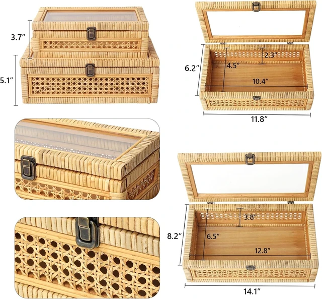 Alt view image 3 of 6 - Rattan and Cane Stacking Boxes with Glass Top Lid - Set of 2 for Boho, and Rustic Farmhouse Decor
