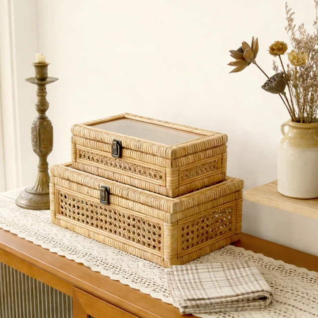 Alt view image 5 of 6 - Rattan and Cane Stacking Boxes with Glass Top Lid - Set of 2 for Boho, and Rustic Farmhouse Decor