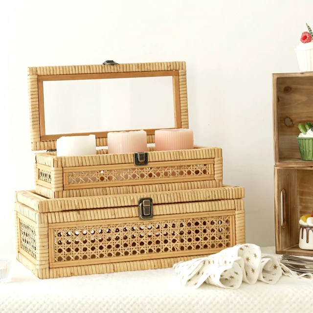 Alt view image 4 of 6 - Rattan and Cane Stacking Boxes with Glass Top Lid - Set of 2 for Boho, and Rustic Farmhouse Decor