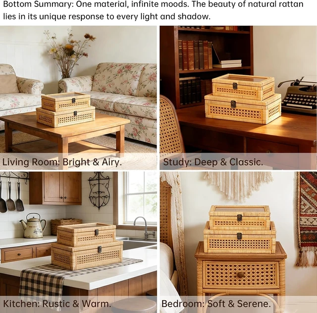 Alt view image 6 of 6 - Rattan and Cane Stacking Boxes with Glass Top Lid - Set of 2 for Boho, and Rustic Farmhouse Decor