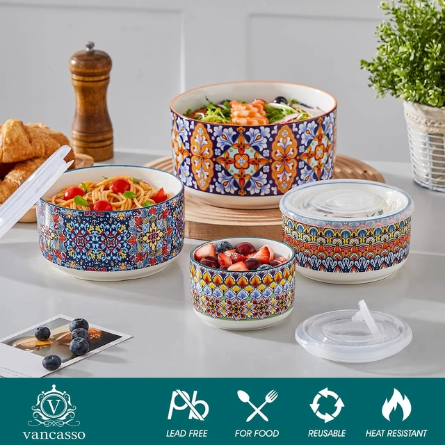 Alt view image 3 of 7 - SIMI Serving Bowls with Lids, Ceramic Mixing Bowls Set of 4, Boho
