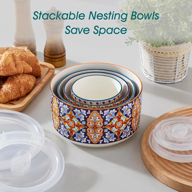 Alt view image 5 of 7 - SIMI Serving Bowls with Lids, Ceramic Mixing Bowls Set of 4, Boho