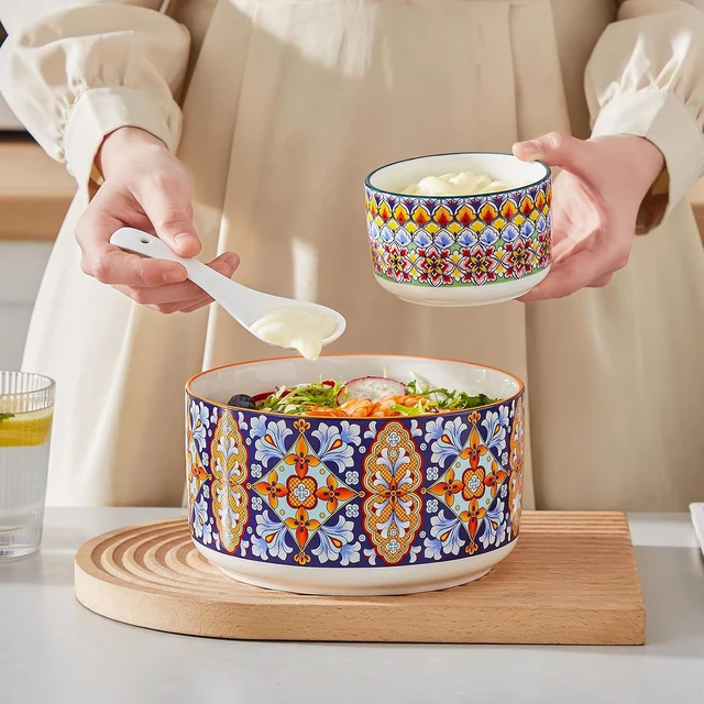 Alt view image 6 of 7 - SIMI Serving Bowls with Lids, Ceramic Mixing Bowls Set of 4, Boho