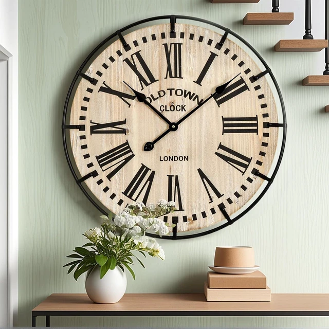 Main image of Rustic Farmhouse Wall Clock 24 Inch, Vintage Oldtown London Wooden Large Clock with Silent Tick, for Bedroom, Office, Kitchen, Indoor Home Decoration