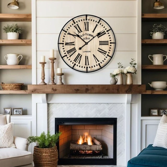 Alt view image 2 of 7 - Rustic Farmhouse Wall Clock 24 Inch, Vintage Oldtown London Wooden Large Clock with Silent Tick, for Bedroom, Office, Kitchen, Indoor Home Decoration