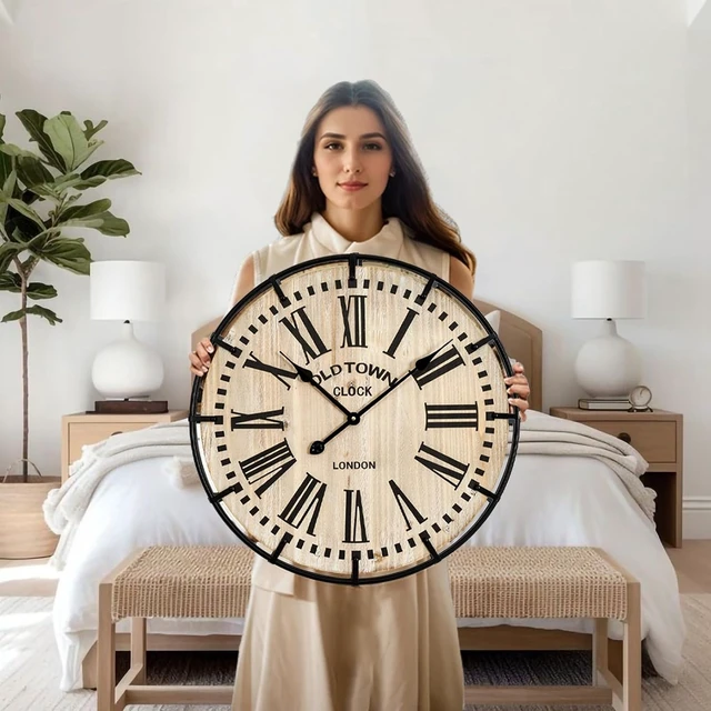 Alt view image 3 of 7 - Rustic Farmhouse Wall Clock 24 Inch, Vintage Oldtown London Wooden Large Clock with Silent Tick, for Bedroom, Office, Kitchen, Indoor Home Decoration