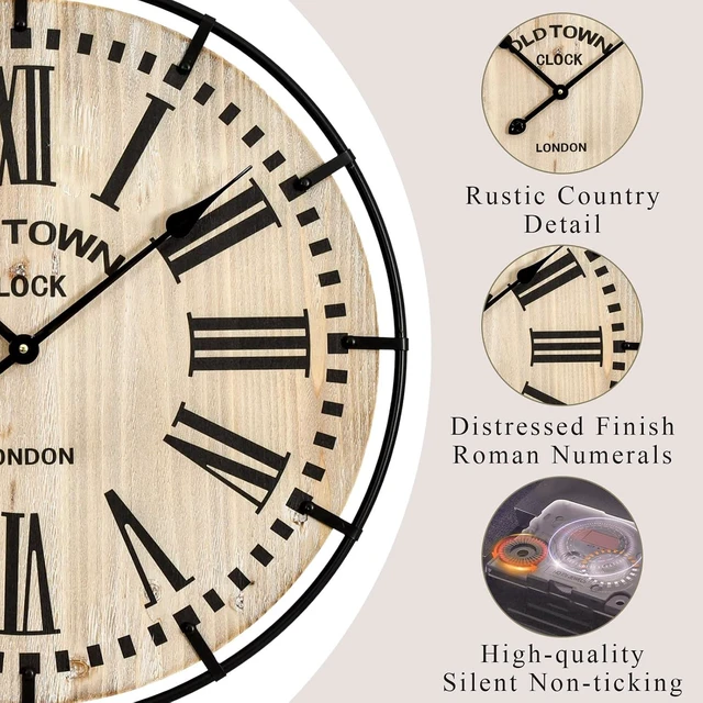 Alt view image 5 of 7 - Rustic Farmhouse Wall Clock 24 Inch, Vintage Oldtown London Wooden Large Clock with Silent Tick, for Bedroom, Office, Kitchen, Indoor Home Decoration